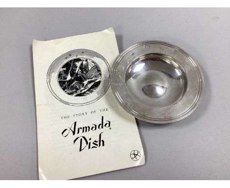 A Hallmarked Silver 'Armada' Dish, RC, London 1980, bearing feature hallmarks, 11.5cm diameter (100grams); together with asso