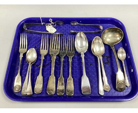 Two Pairs of Hallmarked Silver Sugar Tongs, a hallmarked silver fork, plated forks, plated sauce ladle, hallmarked silver tea
