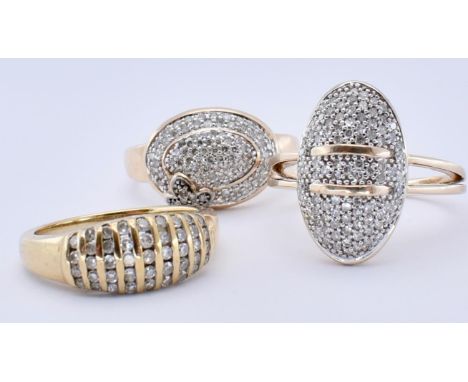 Three hallmarked 9ct gold and diamond rings. The rings having pave set diamonds to each to include oval head with butterfly, 