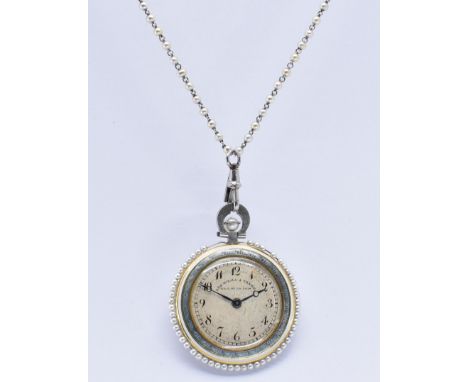 A French platinum pearl and diamond enamel set fob watch by Leo Weill &amp; Frere. The watch with seed pearl surround and gui