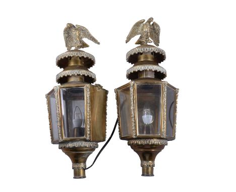 Good large pair of brass carriage lamps, eagle surmount, cascading chimney, four bevelled glass plate body, with later wall b