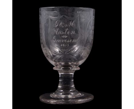 Early 19th century Eglish glass goblet, engraved with a sailing vessel - CERES - the shield-shaped cartouche later engraved b