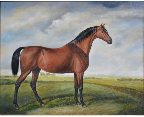Contemporary, Portrait of a Thoroughbred in landscape,oil on board, unsigned,20x25cm.