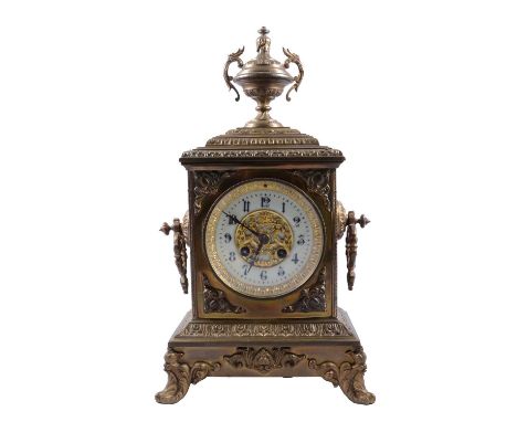 Brass cased mantel clock, circular dial, cylinder movement striking the hour and half hour on a bell, 41cm.Condition report:W