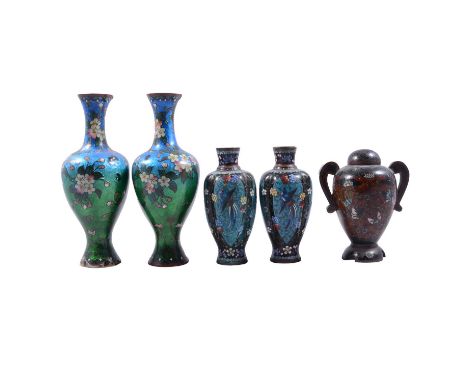 Small group of cloisonne vases, including a pair of bottle vases with cherry blossom decoration, 20cm, pair of smaller vases 