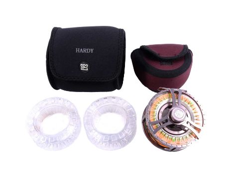 Hardy Bros 'Ultralite 9000' alloy large arbor titanium finish salmon fly reel, 4 3/4" spool, no. 01A16CK, in neoprene pouch w