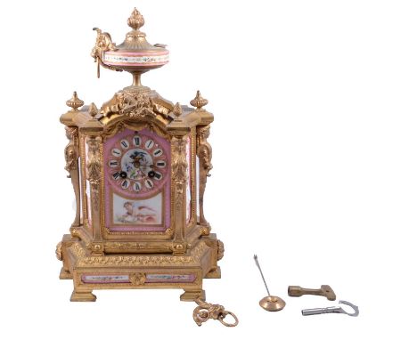 Louis XVI style 'Rose Pompadour' mantel clock, striking on a bell, porcelain mounted, 39cm.Condition report:The keys that are