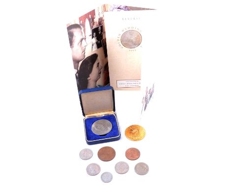 A small collection of £5 coins, commemorative coins and other coins, a Millennium £5 coin, Elizabeth II 1999; a Golden Weddin