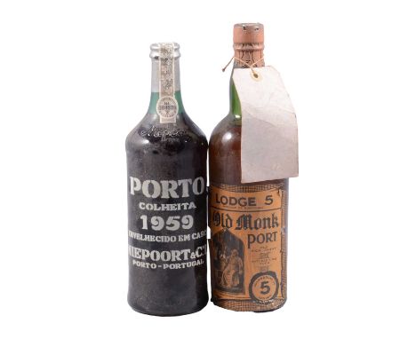 Two bottles of port including:1959 vintage Niepoort, ColheitaLodge 5 Old Monk Port, Old Rich Tawny.Qty: 2