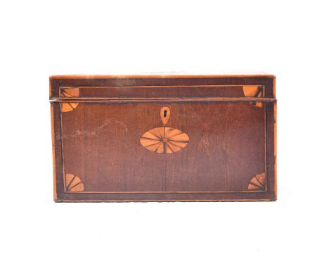 Georgian mahogany and inlaid tea caddy, converted interior, 23cm, 13cm high.