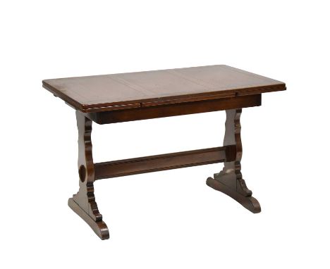 Ercol draw leaf dining table and four chairs high back Quaker chairs, table length (closed) 114cm, width 71cm, height 74cm.