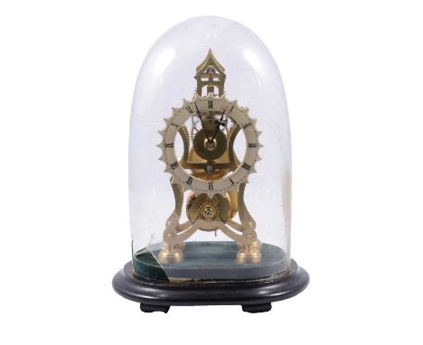 Brass single fusee skeleton mantel clock, damaged glass dome, ebonised oval plinth, height 35cm.Condition report:The dome is 