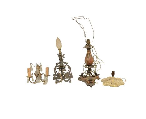 Assorted lighting parts and elements including a small pair of twin-light wall lights with cut glass drops, cast metal and cu