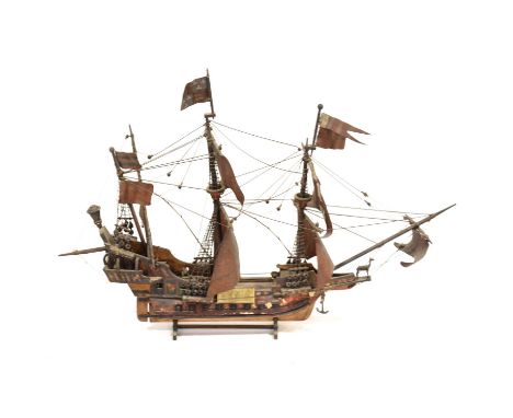 Scale model of an English galleon, The Golden Hind, painted, approximate width 82cm, height 58cm.