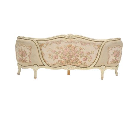 French double bed, carved and painted scrolling frame, floral tapestry upholstered, headboard width 161cm, height 121cm, with