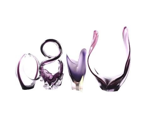 Four pieces of Murano studio glass: large purple and white cased basket, 40cm, medium purple and white cased basket, large Mu