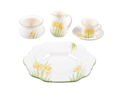 Goss China Daffodil design hand painted teaset, ten cups, twelve saucers, twelve side plates, two bread and butter plates, mi
