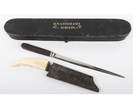 Items of Surgeons Tools of HMS Vengeance Interest, the first being a surgeons saw with a carved whale bone handle, the saw bl