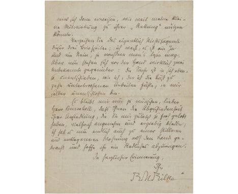 Rilke, Rainer Maria, Dichter und Übersetzer (1875-1926). Eigh. Brief m. U. "R M Rilke". 4 S. Doppelbl. Kl. 4to. Schloss Berg 