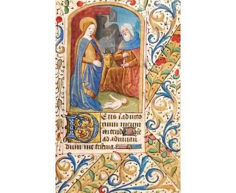 Geburt Christi. Doppelblatt eines Stundenbuchs. Lateinische Handschrift auf Pergament. Schriftraum 9,8 x 5,8 cm. Format 17,4 