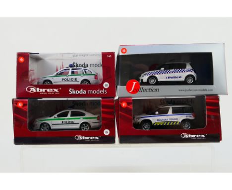 Abrex - Jcollection - 4 x Police vehicles in 1:43 scale, Skoda Octavia, Skoda Yeti, Skoda Fabia estate and Suzuki Swift Sport