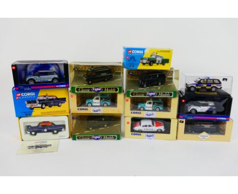 Corgi - 12 x boxed vehicles including 1957 Chevrolet Nassau County Police car # 51304, Mini Cooper in Royal Canadian police l