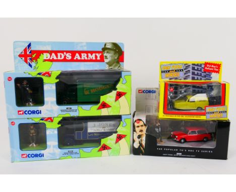Corgi - 4 x TV related models, Fawlty Towers Austin 1300 # 00802, Only Fools And Horses Reliant Regal van, Dad's Army Jones's