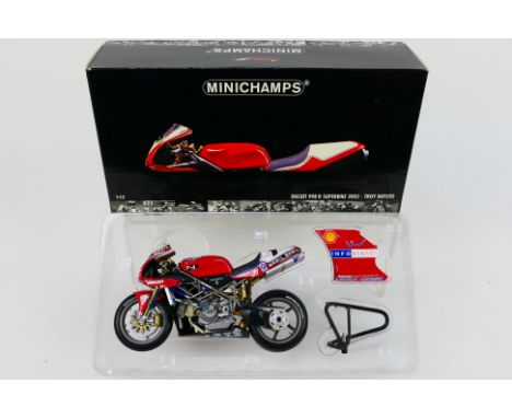 Minichamps - A boxed Minichamps #122021201 Ducati 998 R, WSB 2002 Troy Bayliss Team Ducati Infostrada. 1:12 scale motorcycle.