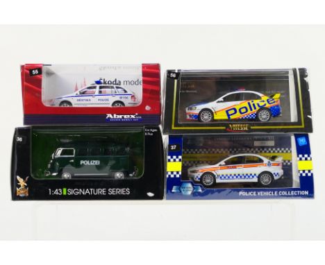 Abrex - Model Icons - Vitesse - Yat-Ming - 4 x Police vehicles in 1:43 scale, VW Polizei bus, Skoda Fabia estate, Mitsubishi 