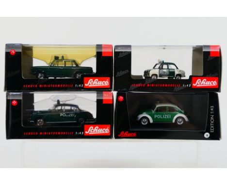 Schuco - 4 x Polizei cars in 1:43 scale, BMW 2000 # 02165, Volkswagen Beetle 1200 # 159205, BMW 502 # 02042 and Goggomobil # 