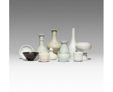 ELEVEN CHINESE CERAMIC ITEMS SONG DYNASTY AND LATER Comprising: a Jian-type bowl, a white glazed stem bowl, a white glazed va