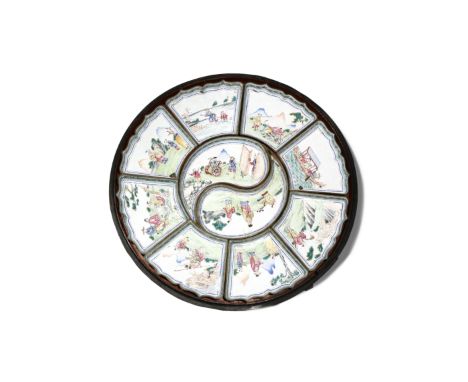 A CHINESE FAMILLE ROSE CANTON ENAMEL SWEETMEAT SET CONTAINED IN A LACQUER BOX 19TH CENTURY Comprising: two tear-shaped trays 