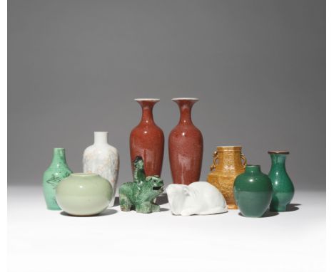 A SMALL COLLECTION OF CHINESE CERAMIC ITEMS QING DYNASTY Comprising: two peachbloom glazed liuye zun with six character Kangx