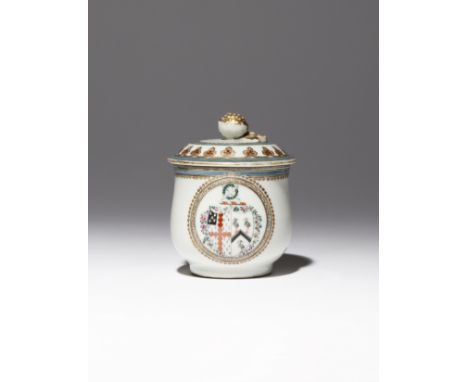 A CHINESE FAMILLE ROSE ARMORIAL CUSTARD CUP AND COVER C.1780 Painted to one side in enamels and gilt with a roundel enclosing