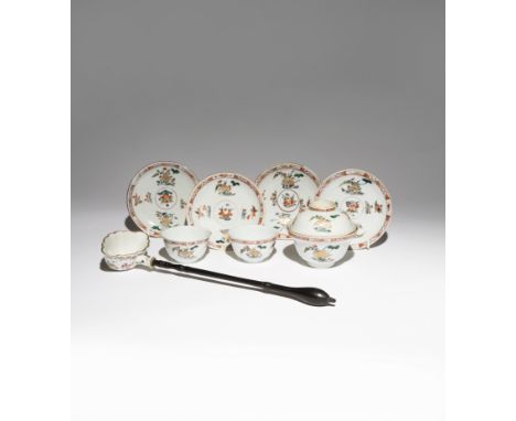 A SMALL GROUP OF CHINESE FAMILLE VERTE ITEMS AND A FAMILLE ROSE TODDY LADLE 18TH CENTURY Comprising: a bowl and cover, two te