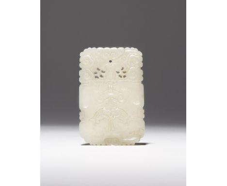 A CHINESE WHITE JADE PENDANT 18TH/19TH CENTURY The rectangular body carved to one side with twin-fish suspending from a chime