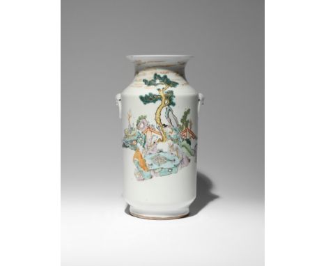 A CHINESE ENAMELLED 'SCHOLARS' VASE 19TH/20TH CENTURY The cylindrical body painted with intellectuals in a landscape conversi