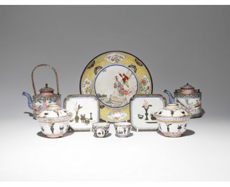 A SMALL COLLECTION OF CHINESE CANTON ENAMEL ITEMS QIANLONG 1736-95 Comprising: a dish painted with a European lady and her at