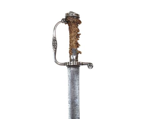 A Scottish hunting hanger,c.1700, the stag's horn hilt with a silver openwork knuckle-bow, the pommel with an embossed cherub