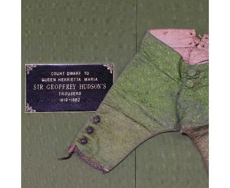 A pair of green silk brocaded trousers,17th/18th century, English, said to have once been worn by Sir Jeffrey Hudson (1619-16