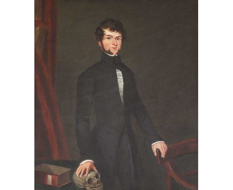 English School, c.1840Portrait of a young gentleman, possibly a doctor, full-length, standing with his right hand on a skullo
