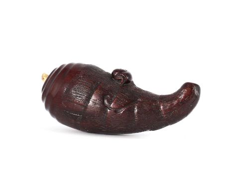 A carved hardwood and ivory netsuke,early 19th century, Japanese, in the form of a snail on a bamboo shoot, signed 'Deme Uman