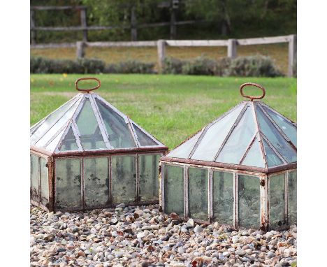 A pair of iron and glass lantern cloches,with lift-off tops, 44cm square41cm highCondition ReportSuperficial corrosion, some 