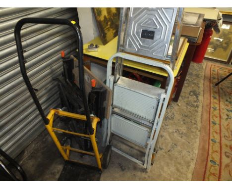 A SACK TRUCK, TWO STEP LADDERS & A WORK BENCH