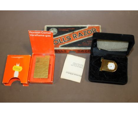 A BOXED ROLLS RAZOR TOGETHER A BOXED RONSON 'COMET' LIGHTER AND A MINIATURE CLOCK