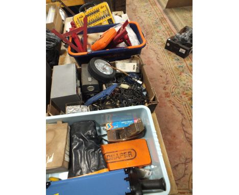 FOUR TRAYS OF TOOLS ETC TO INC DRILL BITS, SCALPEL SET, JERRY CAN ETC