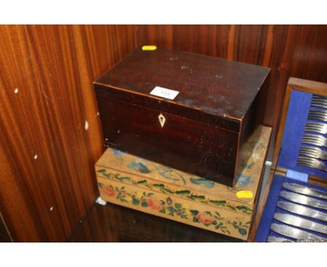 AN ANTIQUE TEA CADDY TOGETHER WITH A WATERCOLOUR BOX