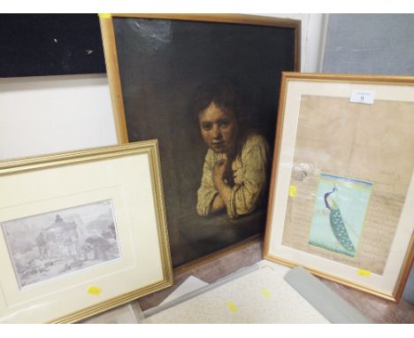 AN OLOEGRAPH OF A YOUNG GIRL TOGETHER WITH A WATERCOLOUR OF A PEACOCK AND A PRINT (3) 