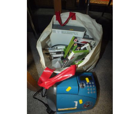 A XBOX 360 CONSOLE TOGETHER WITH A SELECTION OF GAMES TOGETHER WITH A FRANKING MACHINE