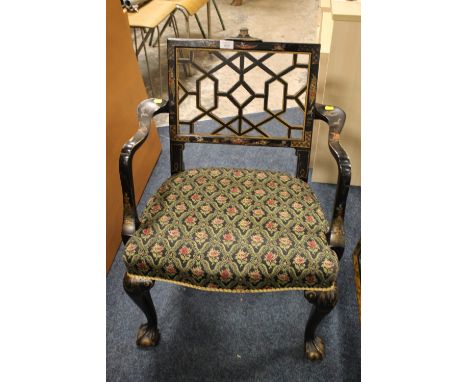 AN ANTIQUE EBONISED CHIPPENDALE STYLE ARMCHAIR WITH CHINESE CHINOISERIE DETAIL
